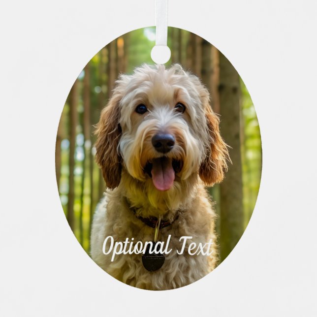 Personalisierter Labradoodle Welpenhund im Wald Ornament Aus Metall (Vorderseite)