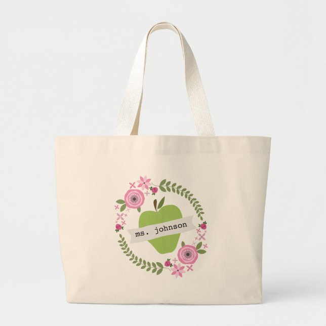 Personalisierter Lehrer Blumenwreath-Grün-Apples Jumbo Stoffbeutel (Vorne)