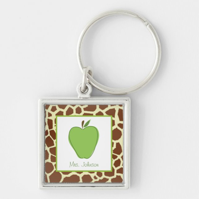Personalisierter Lehrer Giraffen-Druck-Grün-Apples Schlüsselanhänger (Vorne)