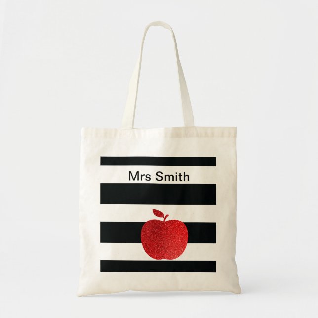 Personalisierter Lehrer-Glitzer Apple Striped Tragetasche (Vorne)