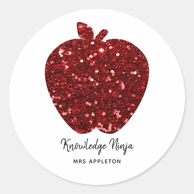 Personalisierter Lehrer Name Funkelnd Red Apple Runder Aufkleber (Vorderseite)