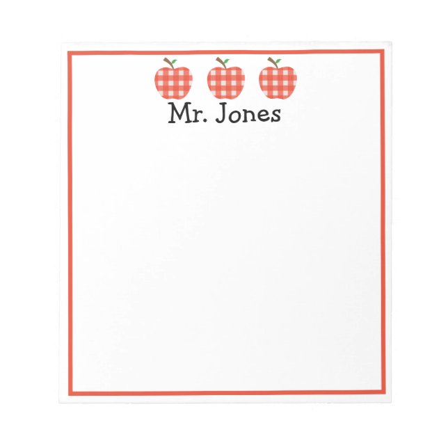Personalisierter Lehrer Red Apple Gingham Kariert  Notizblock (Vorderseite)