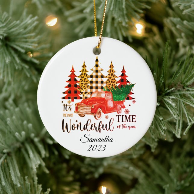 Personalisierter Leopard-Druck karierter Weihnacht Keramik Ornament (Baum)