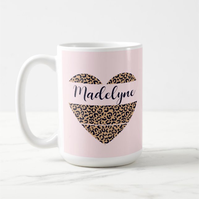 Personalisierter Leopard Heart Pink Tall Kaffee Ta Kaffeetasse (Links)