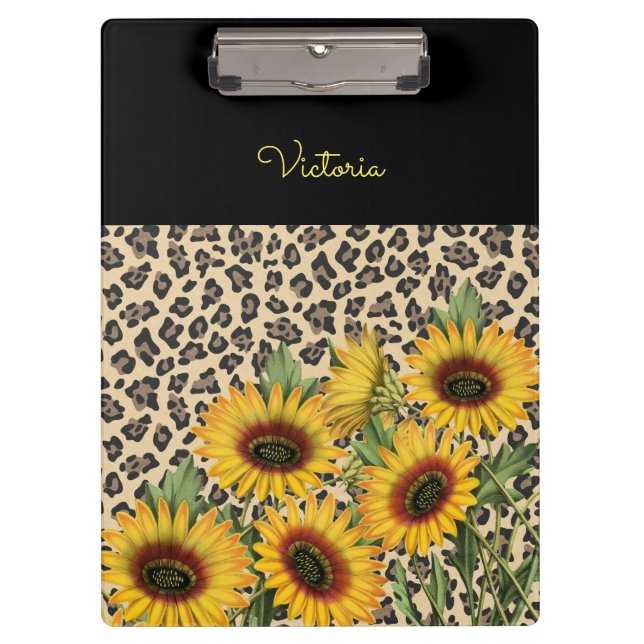 Personalisierter Leopard und Sonnenblumen Klemmbrett (Vorderseite)