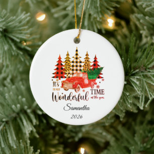 Personalisierter Leoparden-Druck Karo-Weihnachtsba Keramik Ornament