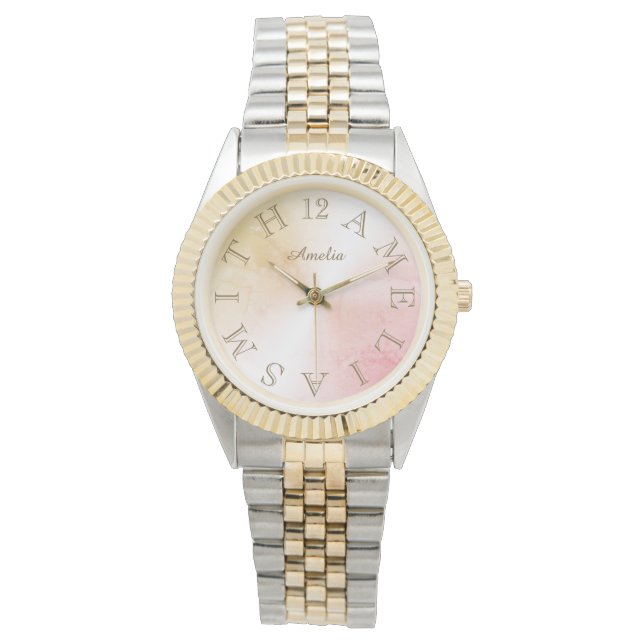 Personalisierter Letter-Dial Rosa Rose Gold-Gradie Armbanduhr (Vorderseite)