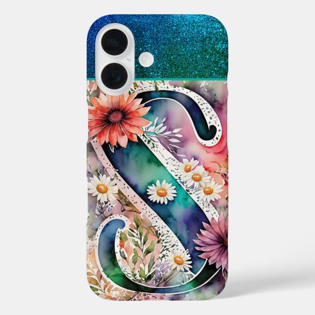 Personalisierter Letter S Elegante Wasserfarben iPhone 16 Hülle (Rückseite)