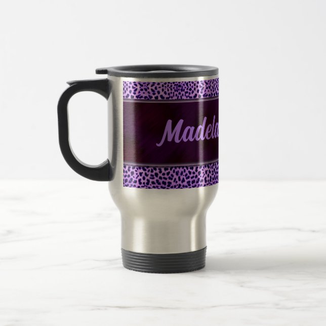 Personalisierter Lila Cheetah-Druck mit Name Reisebecher (Links)