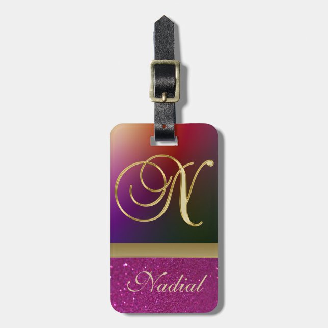 Personalisierter Lila Glitzer Gold Monogram Letter Gepäckanhänger (Vorderseite vertikal)