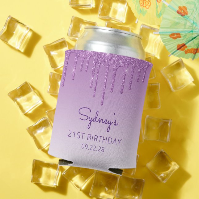 Personalisierter Lila Glitzer Tropfen 21. Geburtst Dosenkühler (In Situ Sommer)