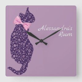 Personalisierter Lila Lace Cat Silhouette Lavendel Quadratische Wanduhr