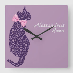 Personalisierter Lila Lace Cat Silhouette Lavendel Quadratische Wanduhr