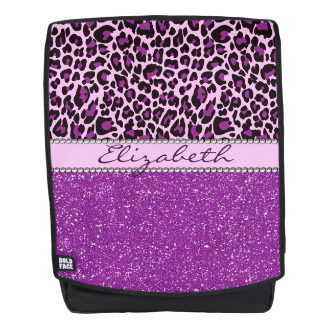 Personalisierter lila Leopard beschmutzt Glitzer Rucksack (Vorderseite)