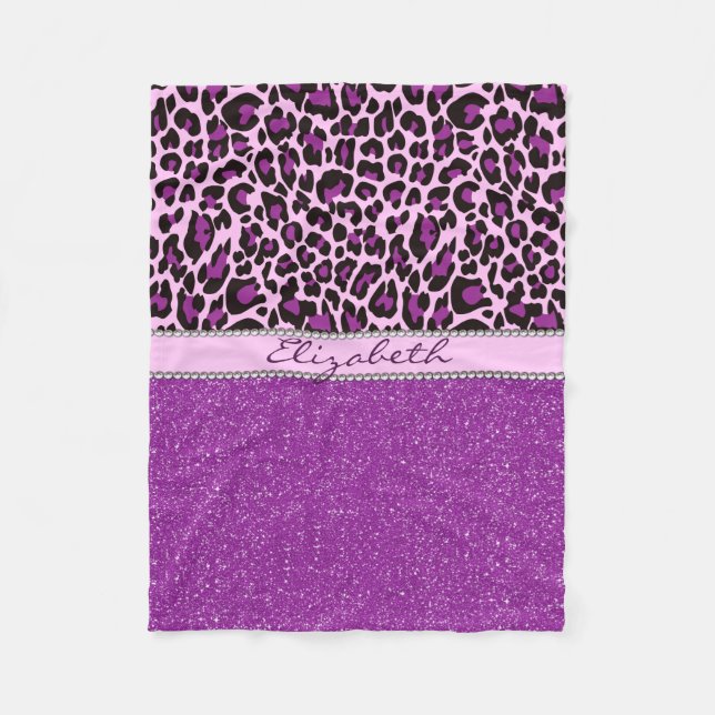 Personalisierter lila Leopard-Druck-Glitzer Fleecedecke (Vorderseite)