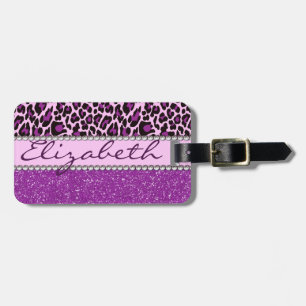 Personalisierter lila Leopard und Glitzer Gepäckanhänger
