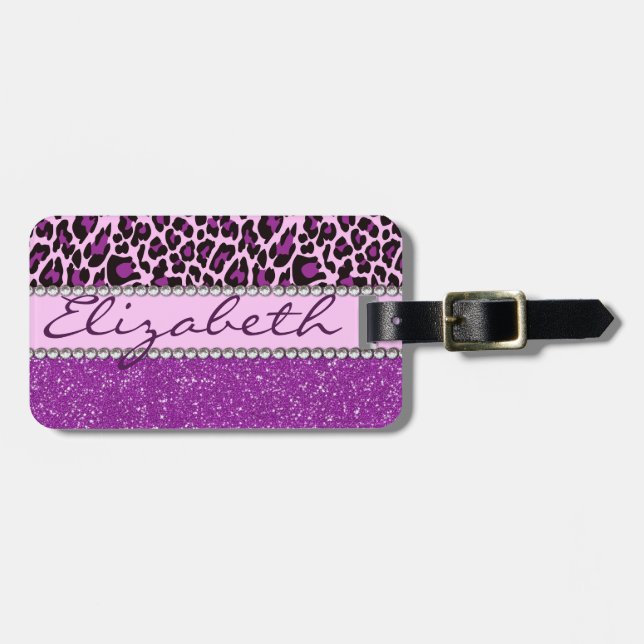 Personalisierter lila Leopard und Glitzer Gepäckanhänger (Vorderseite horizontal)