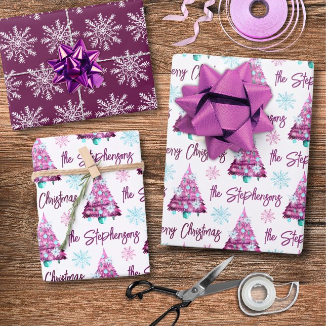 Personalisierter Lila Mauve Frohe Weihnachtsbaum Geschenkpapier Set (Von Creator hochgeladen)