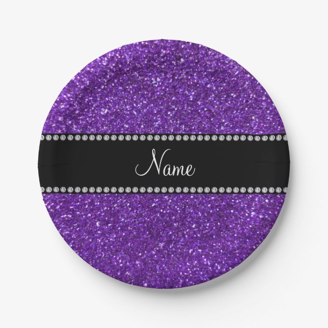 Personalisierter lila NamensGlitter Pappteller (Vorderseite)