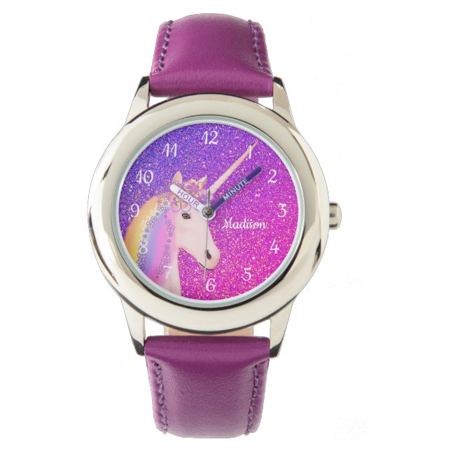 Personalisierter Lila rosa Glitzer Einhorn Kinder Armbanduhr (Vorderseite)