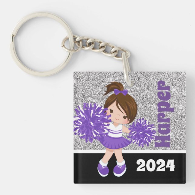Personalisierter Lila und silberer Cheerleader Sch Schlüsselanhänger (Vorderseite)