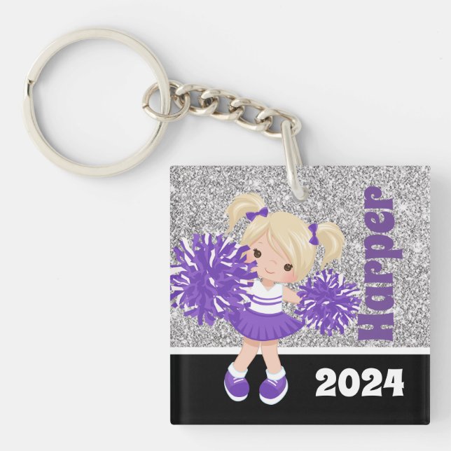 Personalisierter Lila und silberer Cheerleader Sch Schlüsselanhänger (Vorderseite)
