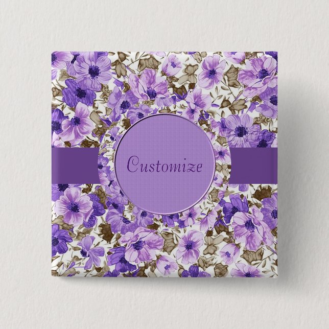 Personalisierter Lila und weißer Blumenzauber Button (Vorderseite)