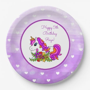 Personalisierter Lila Unicorn Happy Birthday Pappteller