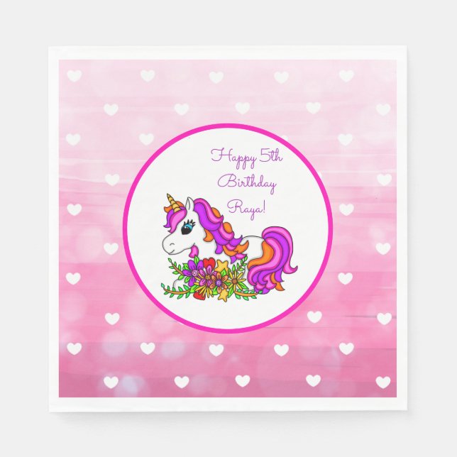 Personalisierter Lila Unicorn Happy Birthday Serviette (Vorderseite)