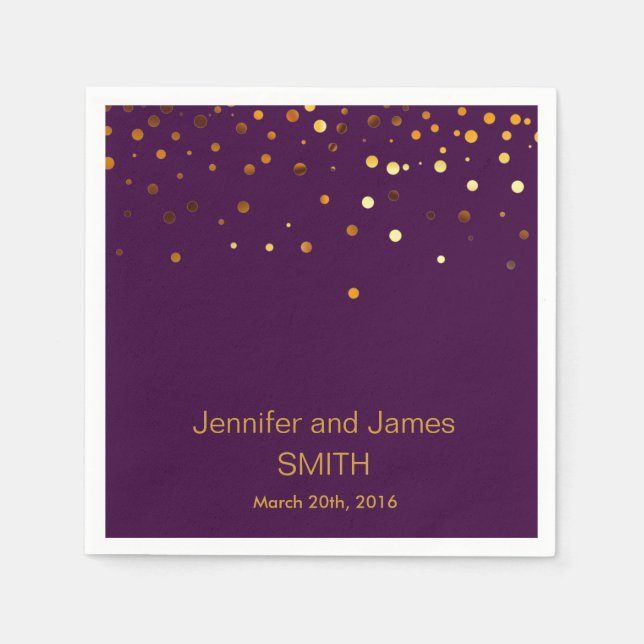 Personalisierter Lila Wedding Confetti Gold Glitze Serviette (Vorderseite)