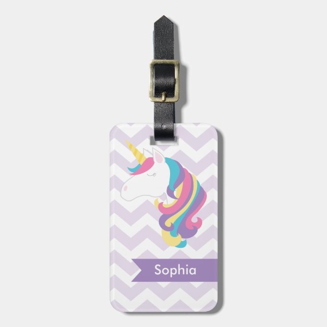 Personalisierter lila Zickzack Unicorn Gepäckanhänger (Vorderseite vertikal)