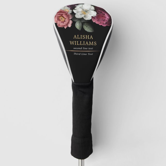Personalisierter Luxus Black Gold Floral Golf Headcover (Vorderseite)