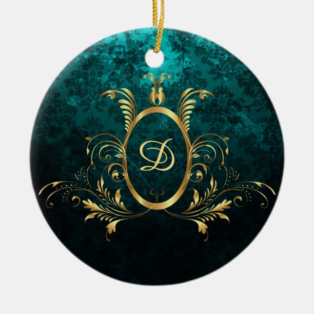 Personalisierter Luxus-Damaskus Goldrahmen Keramik Ornament (Vorne)