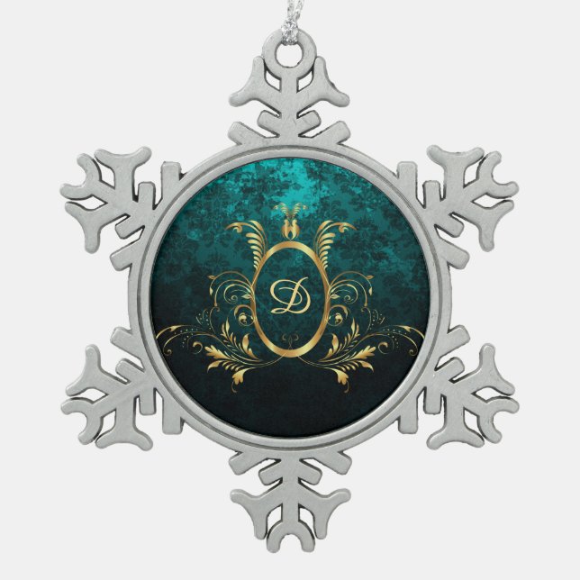 Personalisierter Luxus-Damaskus Goldrahmen Schneeflocken Zinn-Ornament (Vorderseite)