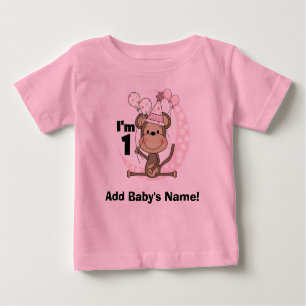 Personalisierter Mädchen-Affe im Party-Hut-1. Baby T-shirt