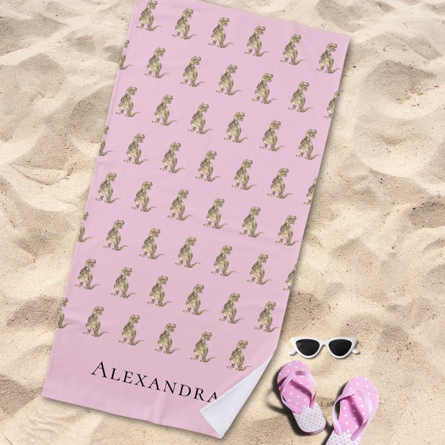 Personalisierter Mädchenname Dinosaur Strandtuch (Personalized girl monogram name Jurassic dinosaur pattern pink beach towel Prehistoric T-Rex dino )