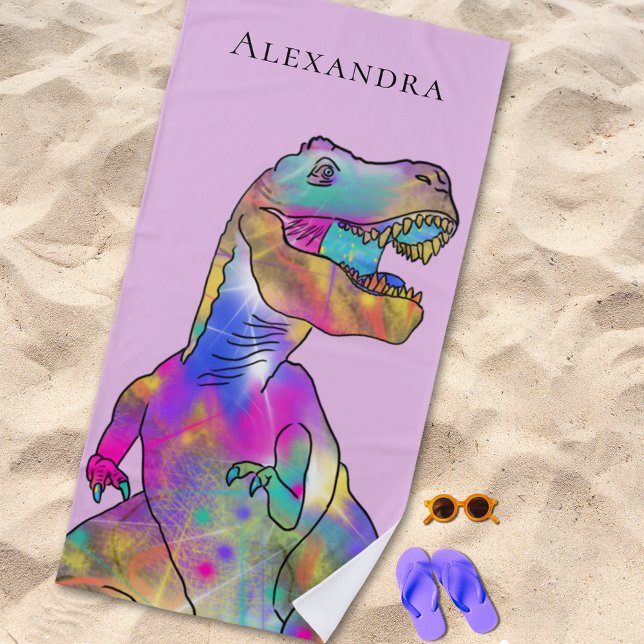 Personalisierter Mädchenname Dinosaur Strandtuch (Personalized girl monogram name dinosaur beach towel colorful Jurassic T-Rex dino pink background
)