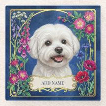 Personalisierter Malteser Hund Blaues Blumenmotiv