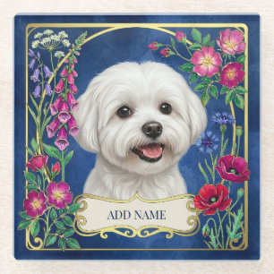Personalisierter Malteser Hund Blaues Blumenmotiv  Glasuntersetzer