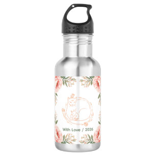 Personalisierter Mama-Katze- und Kätzchen-Blumen-M Edelstahlflasche