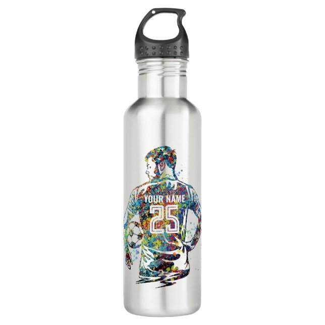 Personalisierter Mann/Junge Fußballspieler Edelstahlflasche (Vorderseite)