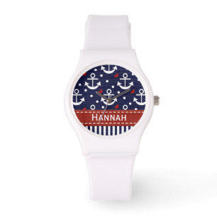 Personalisierter Marine-Blau-und Rot-Anker Armbanduhr
