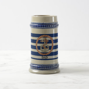 Personalisierter marineblauer gestreifter Anker 1  Bierglas