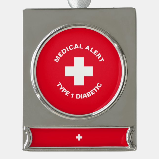 Personalisierter medizinischer Warnhinweis Diabeti Banner-Ornament Silber (Vorderseite)