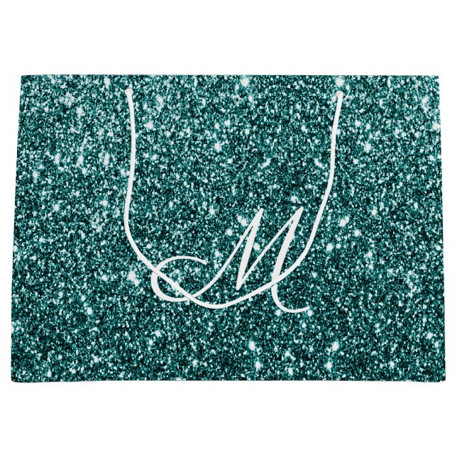 Personalisierter Mit Monogramm Aquamariner Glitzer Große Geschenktüte (Vorderseite)