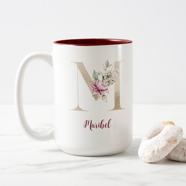 Personalisierter Mit Monogramm Goldbrief M PInk Fl Zweifarbige Tasse (Mit Donut)