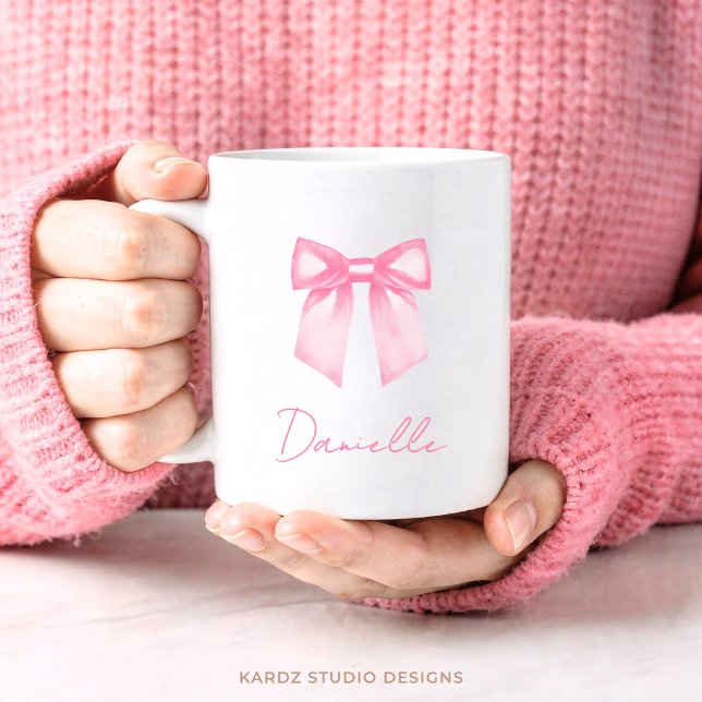 Personalisierter moderner eleganter rosa Schleifen Kaffeetasse (An 11-oz mug is shown, add name and choose mug size and style.)