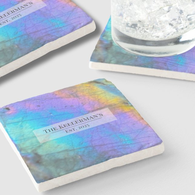 Personalisierter, moderner Familienname Steinuntersetzer (Modern Colorful Labradorite Stone Family Name Stone Coaster)