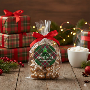 Personalisierter moderner Karo-Weihnachtsbaum-Name Runder Aufkleber