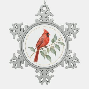 Personalisierter moderner Rotkardinal Goldrahmen Schneeflocken Zinn-Ornament